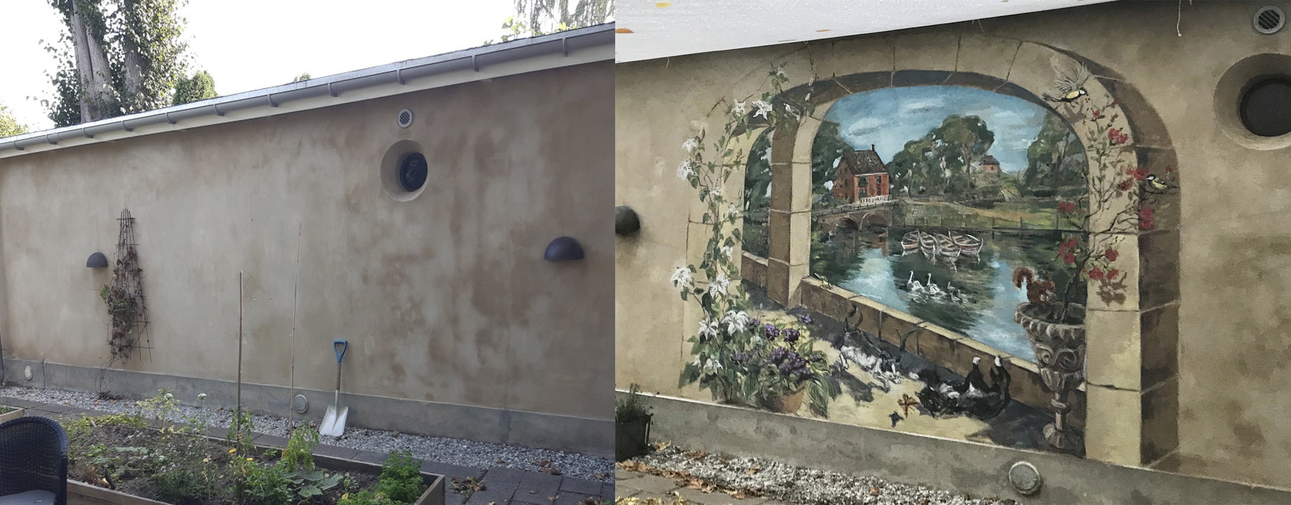 før og efter vægmaleri af Xenia Michaelsen på udendørs mur ved Strandvejen Vægmaleri og udsmykning i haven udført af af Xenia Michaelsen og DekoRum ved Strandvejen