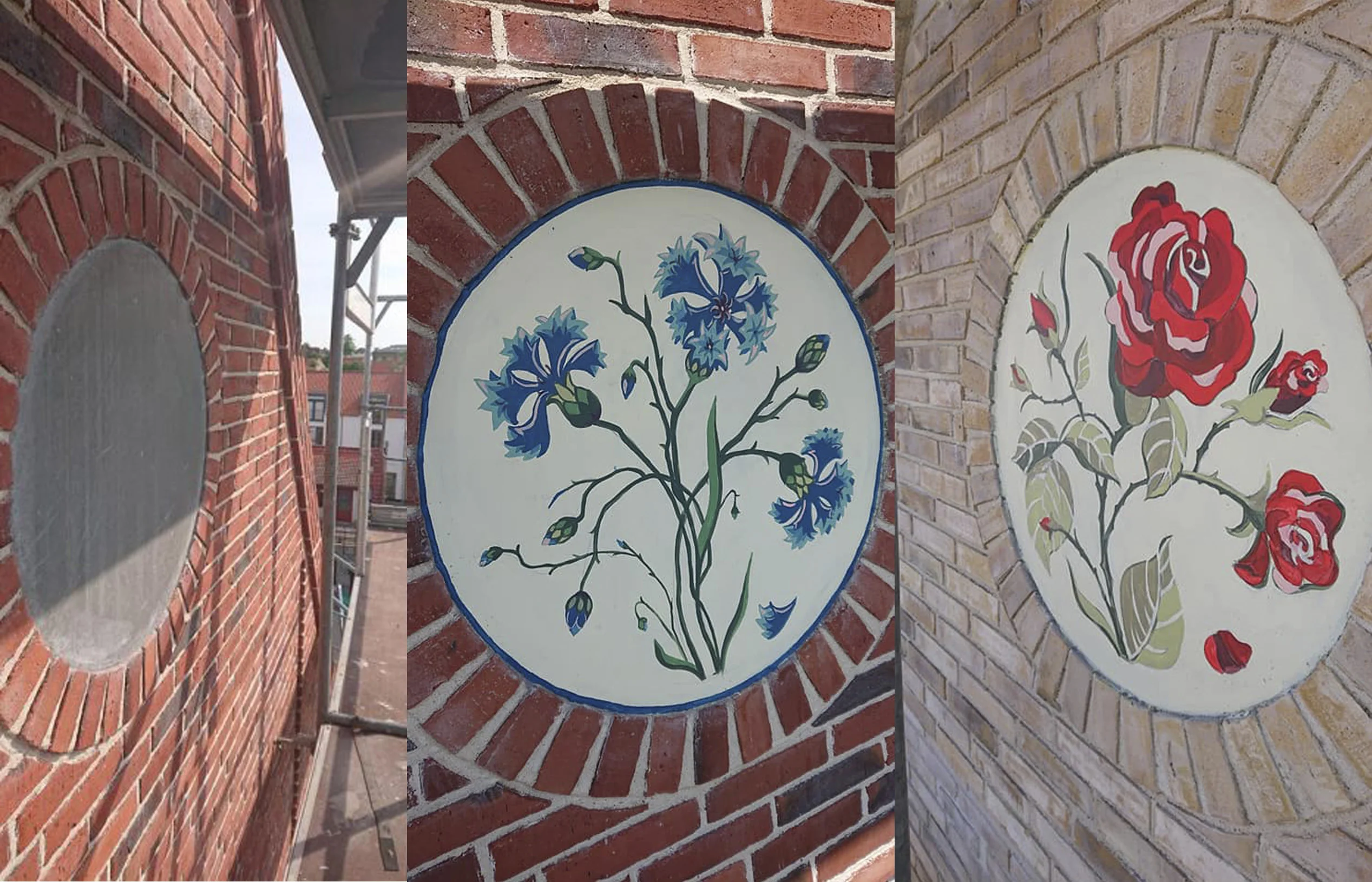 Før og efter vægudsmykning rose og markblomst på gavl i Frederikssund Før og efter vægudsmykning rose og markblomst på gavl i Frederikssund